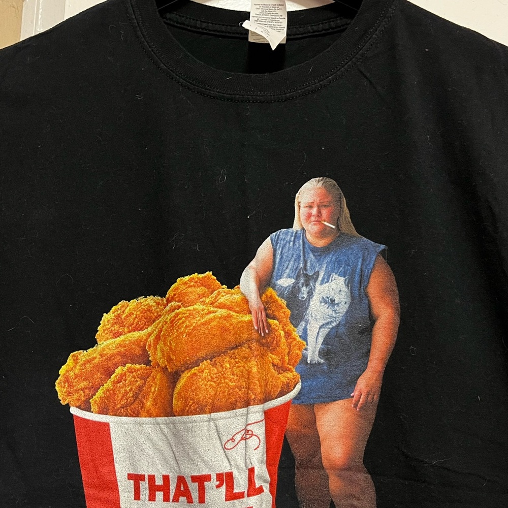 Trailer Tammy Black Graphic T-Shirt with Chicken Bucket Print